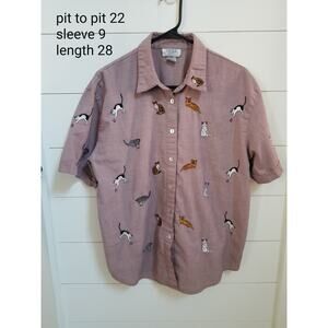 Vintage Teddi Embroidered Cat Kitty Button Up Short Sleeve Shirt Womens L
